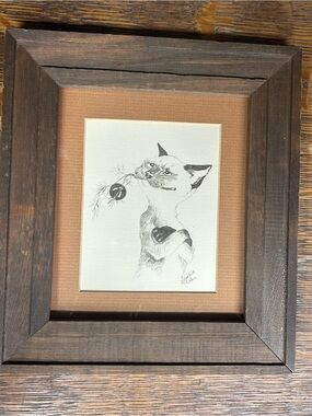 Framed/Matted Siamese Cat "Christmas Surprise" Pen/Ink Sketch: 1979